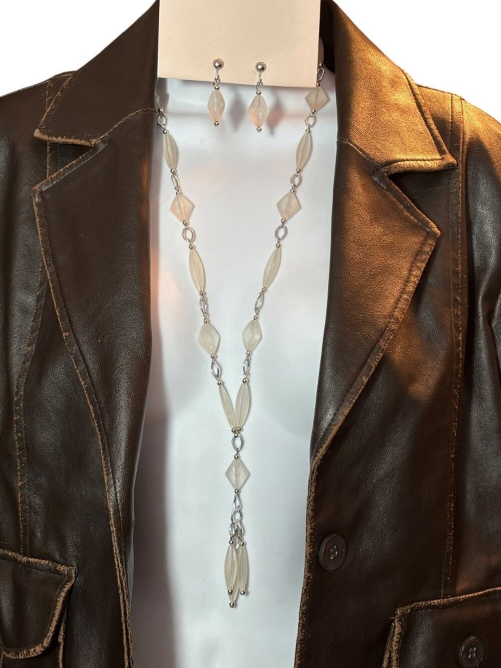 Frosted Acrylic Bead Y-Necklace & Matching Dangle Earrings Set Silver-Tone Chain